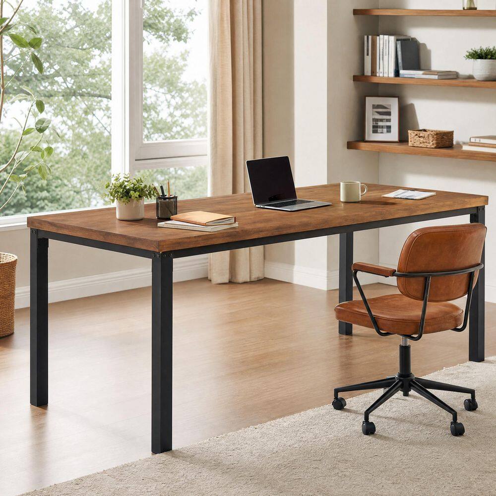 Capen 70.87 in. Rectangular Rustic Brown Solid Wood Computer Desk with Metal Legs, Pine Wood Tabletop Home Office Desk