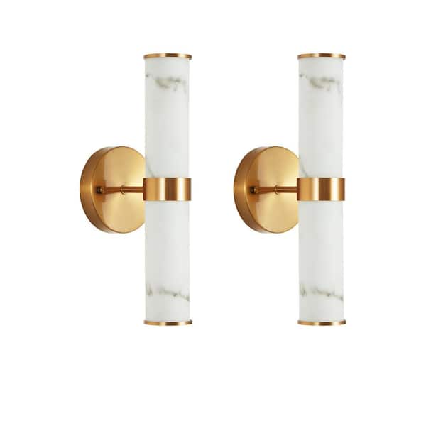Felix 2-Light Gold LED Wall Sconce with Marble Texture and Cylindrical Shape