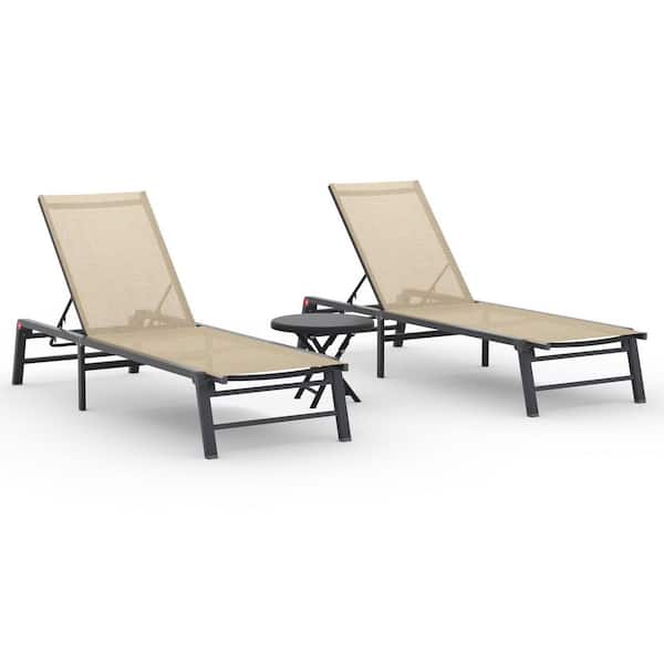 Assemble-Free Aluminum Outdoor Chaise Lounge, Patio Lounger with 5-Position Adjustable Backrest, Flaxen 3 Pieces