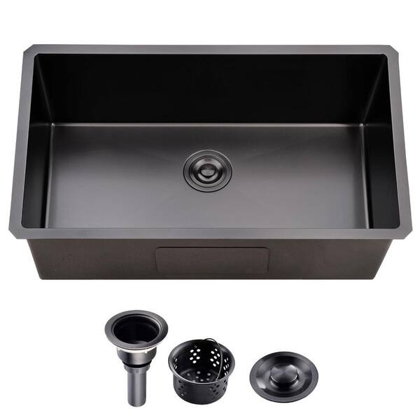 28 in. Undermount Single Bowl 16-Gauge Gunmetal Black Stainless Steel Kitchen Sink with Strainer