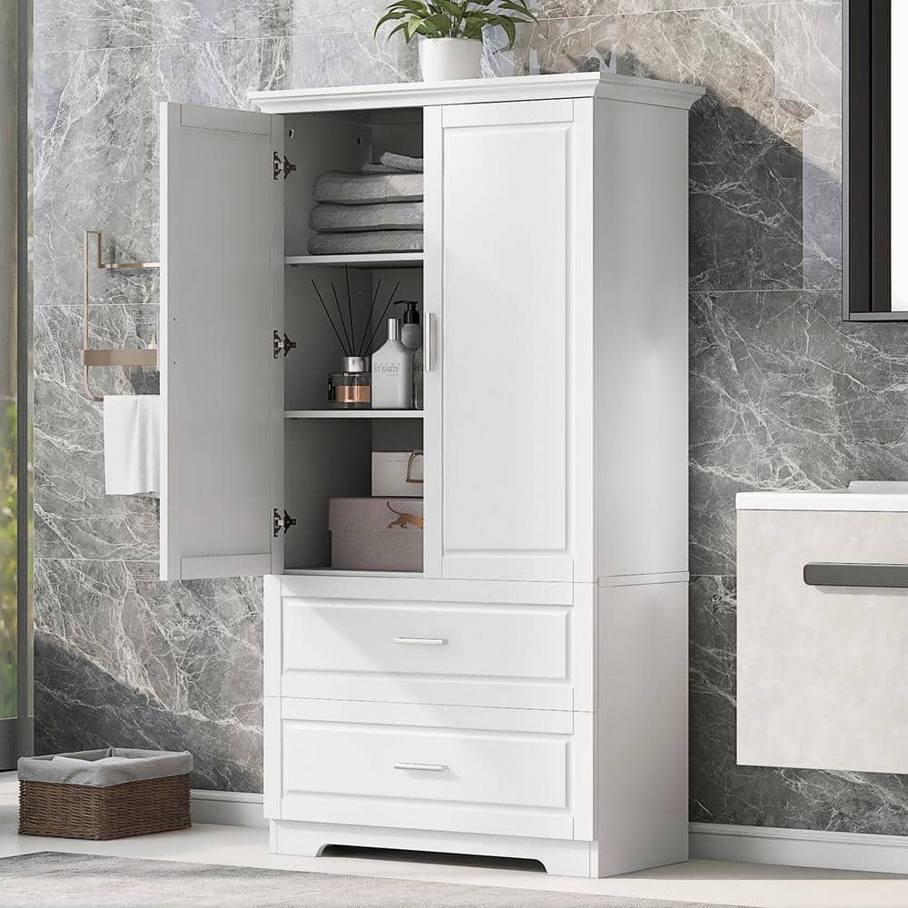 32 in. W x 15 in. D x 63.20 in. H White Linen Cabinet, Tall Bathroom Storag