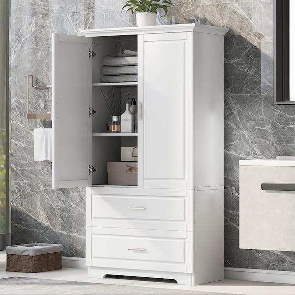 Unbranded 32 in. W x 15 in. D x 63.20 in. H White Linen Cabinet, Tall Bathroom Storage Cabinet with Two Doors and Drawers