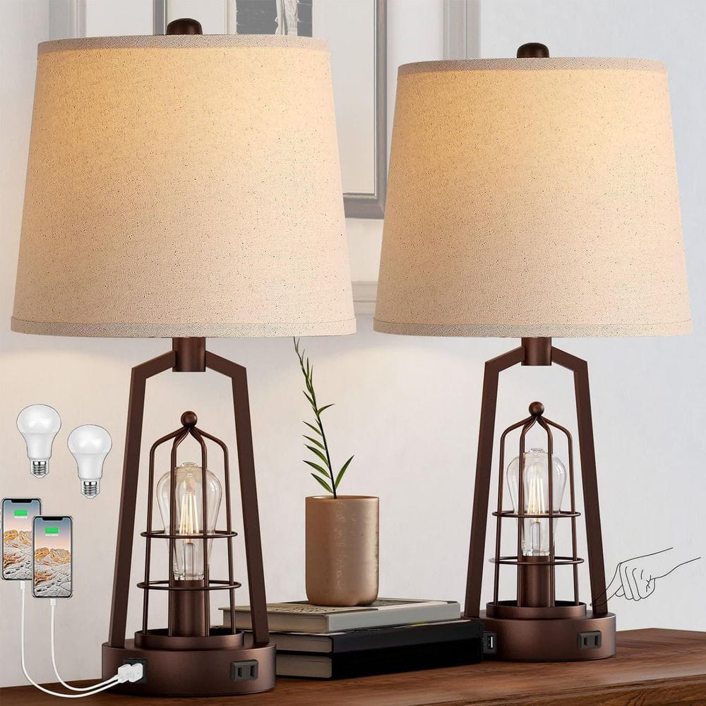 22.8 in. Bronze Table Lamp Set of 2, Farmhouse Lamps With USB A+C and Night