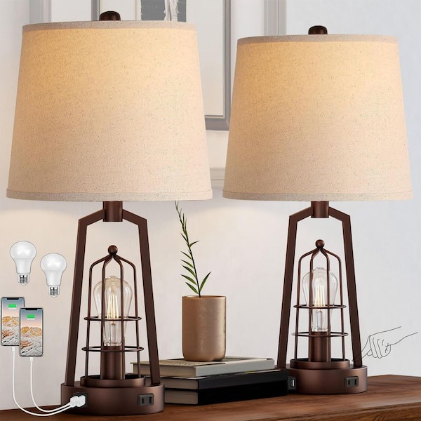 ARISKEEN 22.8 in. Bronze Table Lamp Set of 2, Farmhouse Lamps With USB A+C and Nightlight, 3-Way Dimmable Touch Control