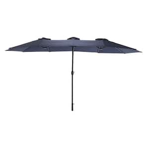 14.8 ft. Steel Rectangular Market Double Sided Patio Umbrella in Blue with Crank