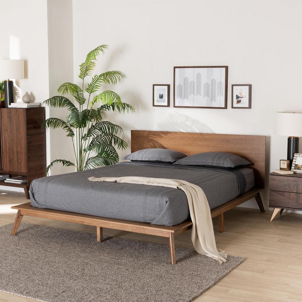 Walnut Brown Wood King Size Platform Bed with Upholstered Headboard
