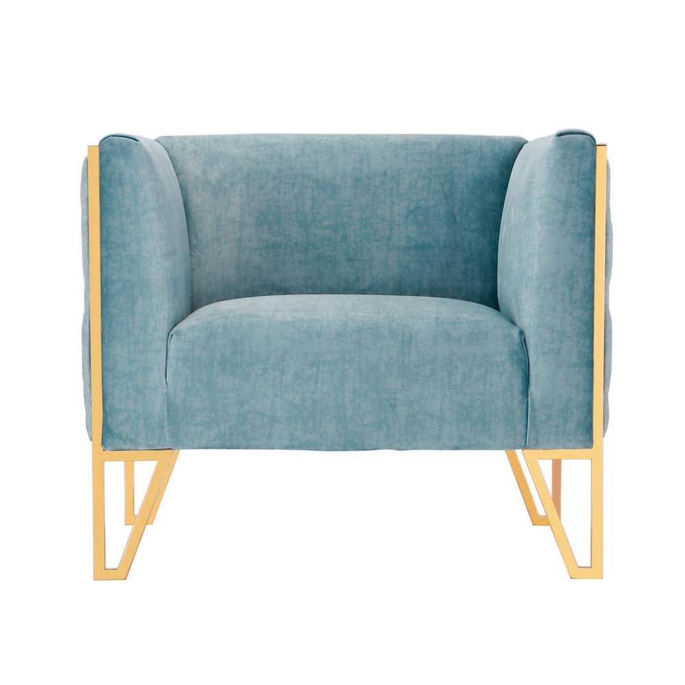 Ocean Blue Velvet Geometric Barrel Accent Chair with Metal Base