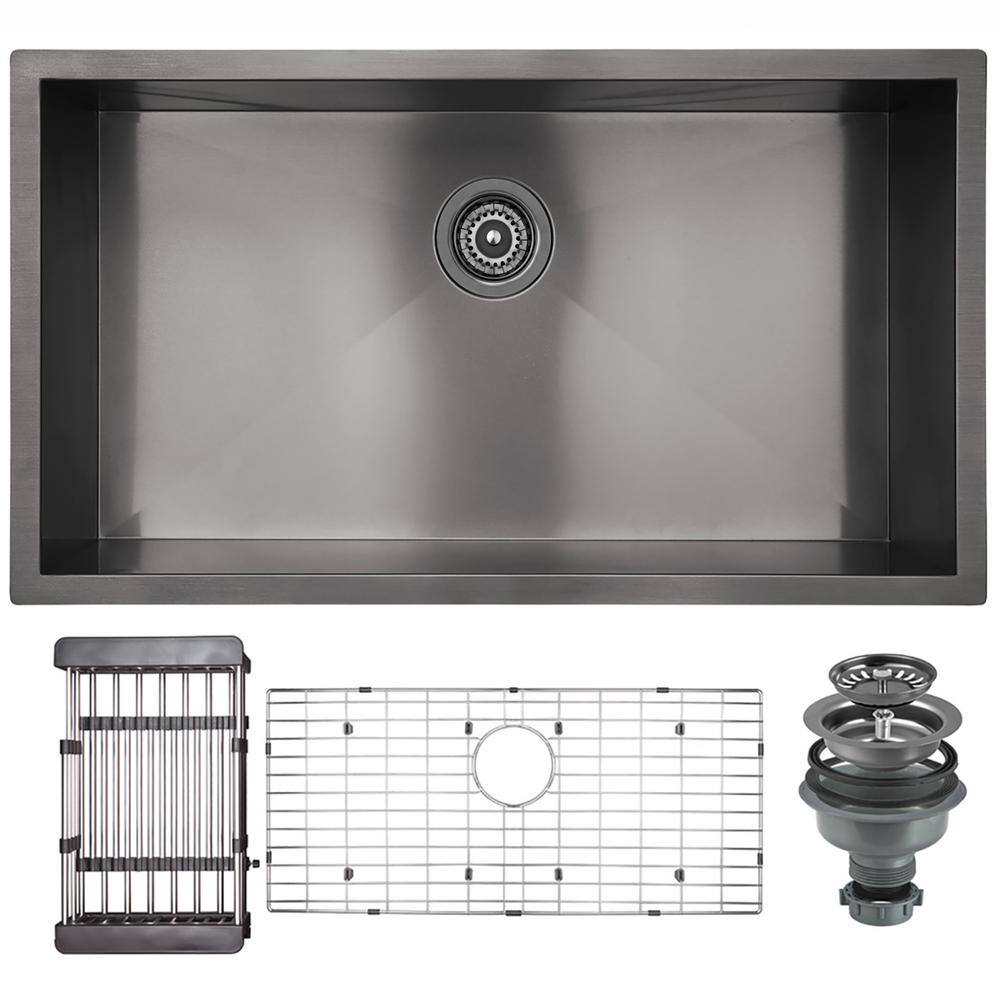 AKDY 32 in. Undermount Single Bowl Gunmetal Matte Black Stainless Steel Kitchen Sink with Bottom