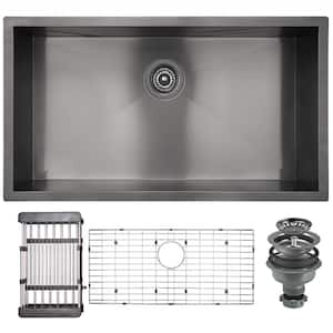 32 in. Undermount Single Bowl Gunmetal Matte Black Stainless Steel Kitchen Sink with Bottom Grid and Drying Rack