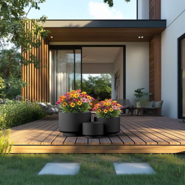 Sapcrete 10 in., 13 in., 16 in. Charcoal Black (Enhanced Interior) Concrete Round Planter / Pot with Drainage Holes (Set of 3)