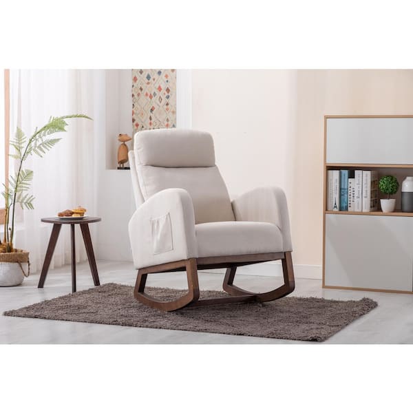 27 in. Beige Linen Rocking Chair, Modern Glider Recliner with Wood Legs and Side Pocket, High Back Nursery Armchair