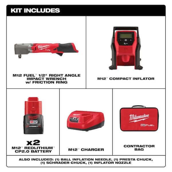 M12 FUEL 12V Lithium-Ion Brushless Cordless 1/2 in. Right Angle Impact Wrench Kit with Two 2.0 Ah Batteries & Inflator