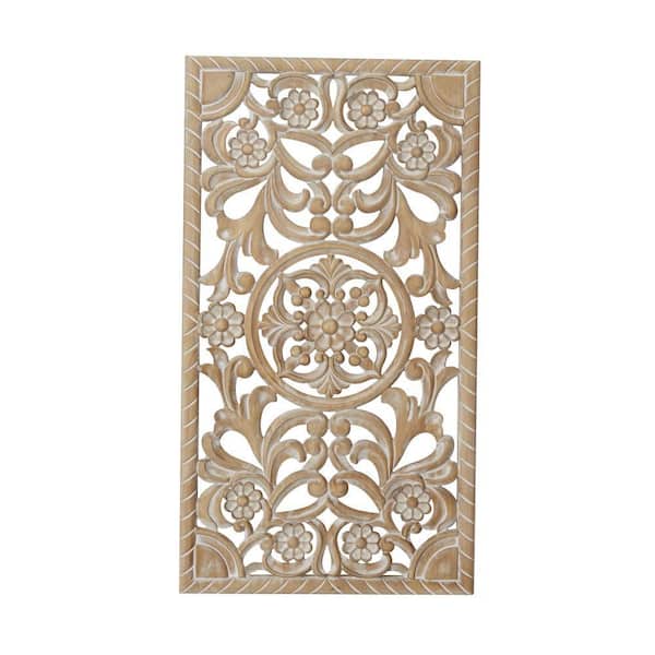 17 in. x 37 in. Wood Brown Intricately Carved Floral Wall Decor