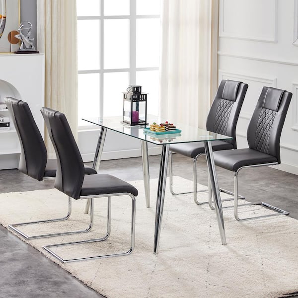 Modern Grey PU Leather Dining Chairs with Padded Upholstered Seat C-shape Metal Legs and High Back (Set of 4)