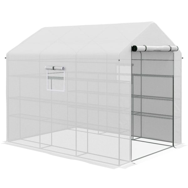 7.9 ft. W x 5.9 ft. D x 7 ft. H Walk-in Greenhouse with Mesh Door and Windows,18-Shelf Green House with Trellis in White