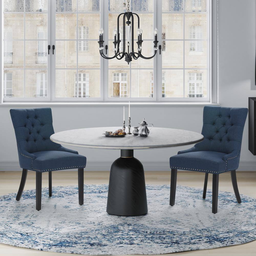 High Back Blue Linen Upholstered Wood Side Chair