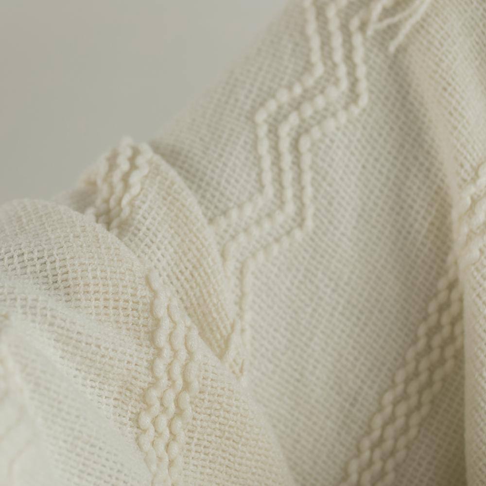 Cream Knitted Zigzag Pattern Throw Blanket with Fringe Edges