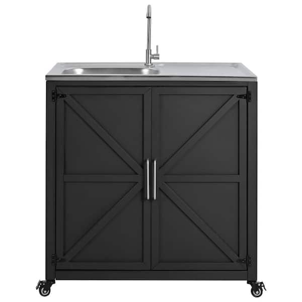 Unbranded PatioPro 35 in. Matte Black Steel Built-In Outdoor Sink Station with Cabinet, Faucet and Drain Assembly