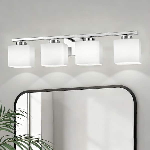 31 in. 4-Light Nickel Vanity Light, Modern Square Wall Fixture with Milk White Glass Shades for Bathroom