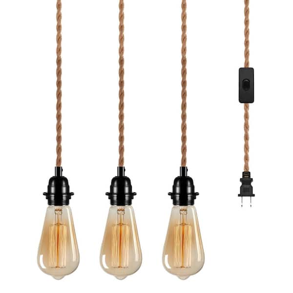 YANSUN 3-Light Vintage Pendant with Hemp Rope and Black of 1) - The Home Depot