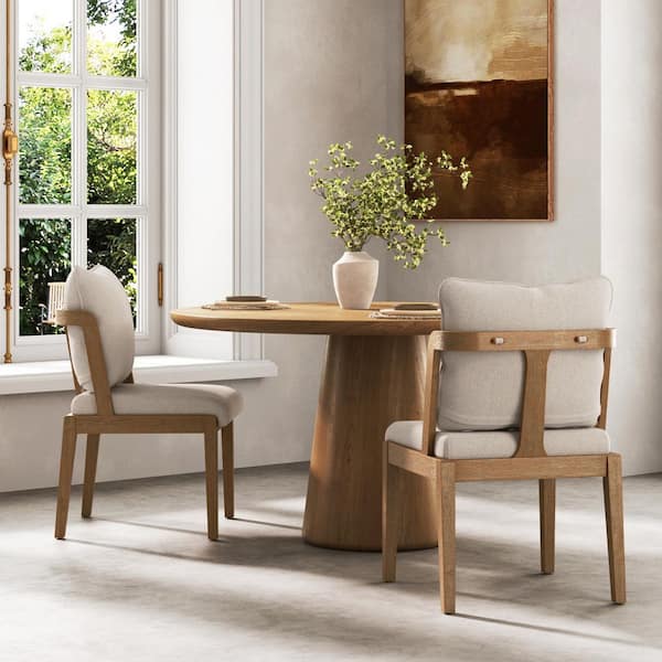 Chuck Light Brown Natural Flax Upholstered Dining Chair with Curved Back and Solid Wood, Set of 2