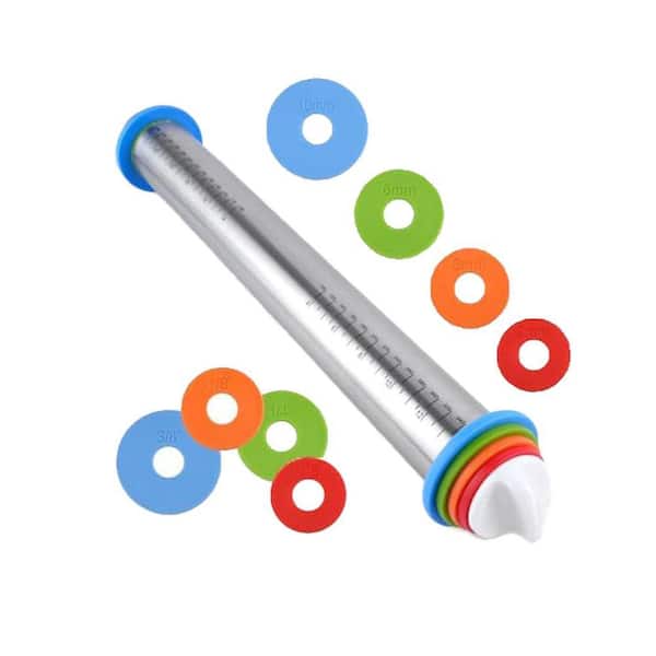 17 Inch Stainless Steel Silver Adjustable Rolling Pin with 4 Thickness Rings and Measurement Markings for Baking