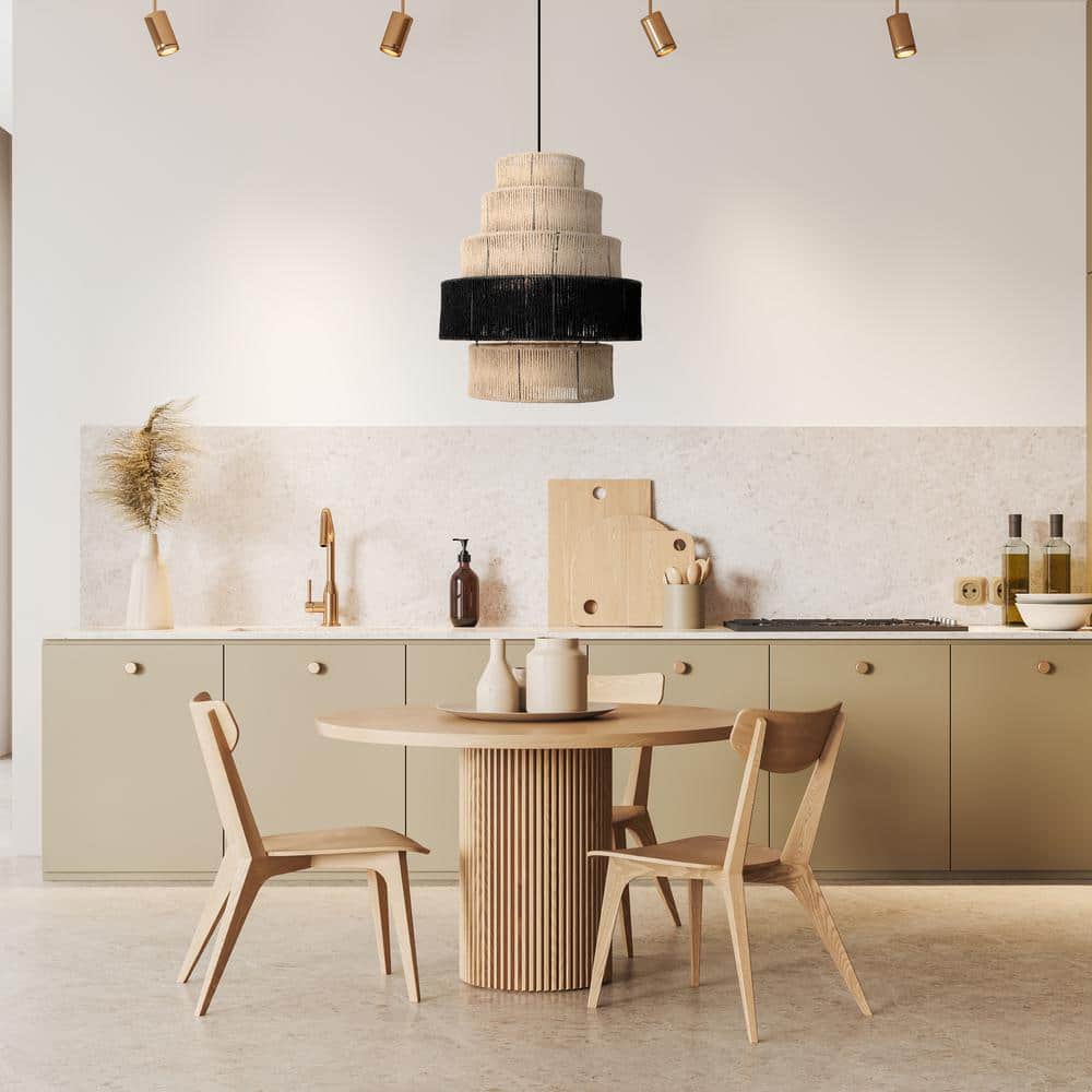 Tiered Natural and Black Jute Drum Pendant Light