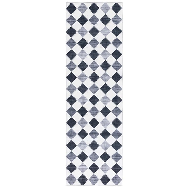 Santa Clara Ivory/Gray Black 3 ft. x 8 ft. Machine Washable Distressed Checkered Runner Rug