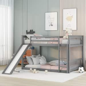 Gray Full Over Full Wood Bunk Bed with Slide and Ladder