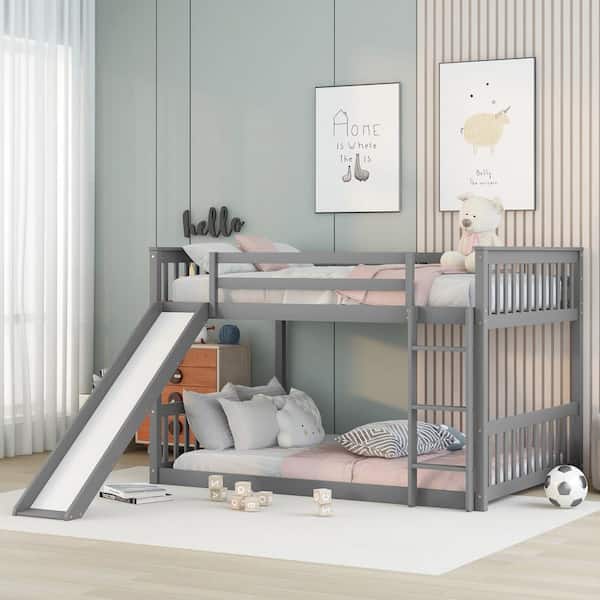 Harper & Bright Designs Gray Full Over Full Wood Bunk Bed with Slide and Ladder