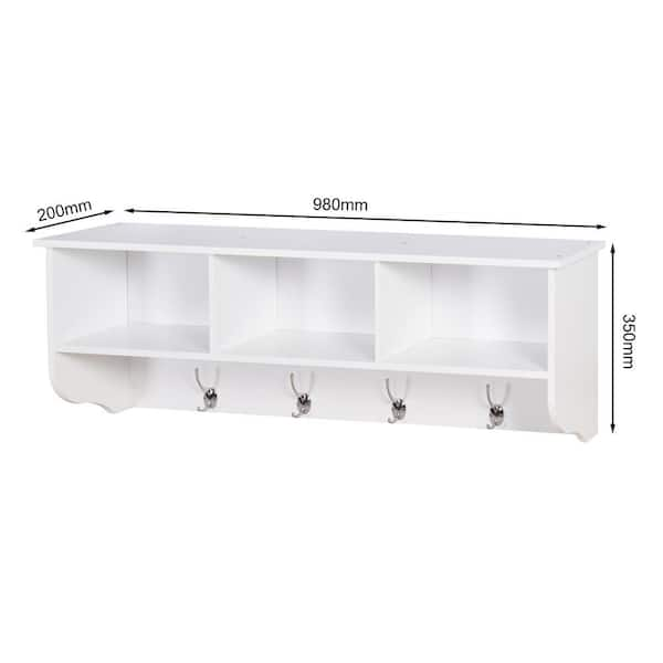 White Jovi Wall Shelf With Hooks, Farmhouse, Washed, outlets Rectangular,Wood