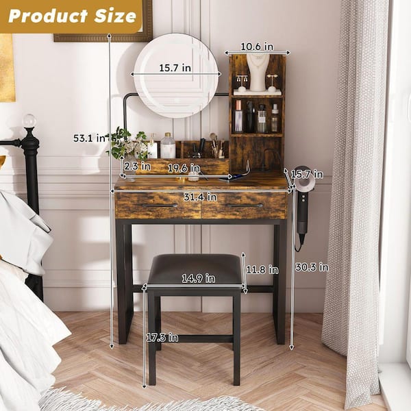 Unbranded Brown Makeup Vanity Table w/ 3-Color LED Lights, Power Outlet,  2-Big Drawers, Dressing Table for Bedroom Dressing Room HL-W509P297015