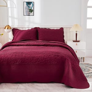 3-Piece Wine Burgundy Embroidery 100% Cotton Lightweight Queen Size Quilt Set