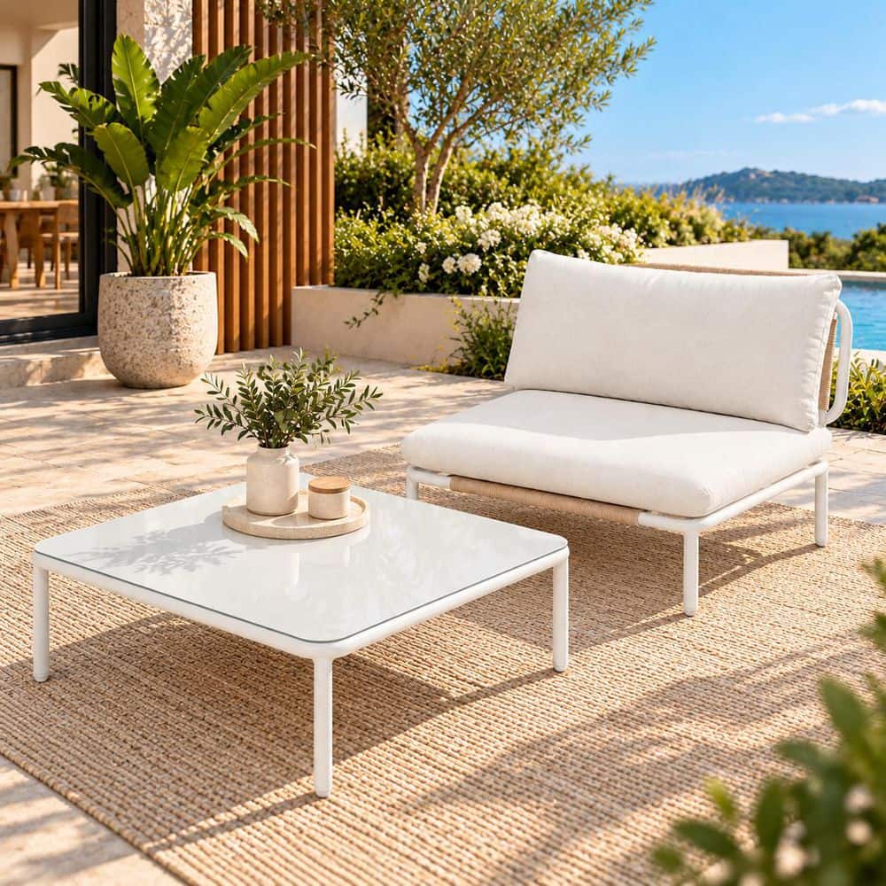 2-Piece Metal Outdoor Sectional Set with Sectional Sofa Table Thick Cushion in Beige for Poolside Porch
