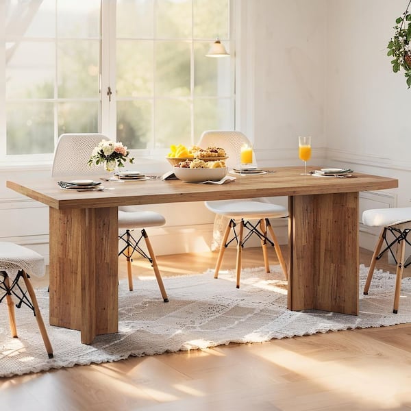 Farmhouse Walnut Brown Engineered Wood 63 in. Double Pedestal Rectangular Dining Table Seats 6, Kitchen Table for Dinner