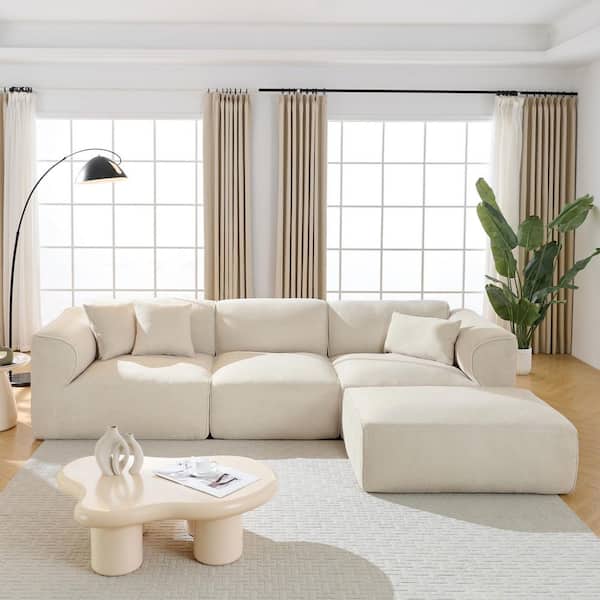 122.1 in. Cut Velvet Modular Fully Compressed Sectional Sofa in Beige with 3 Pillows