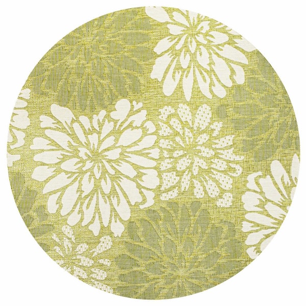 Zinnia Modern Floral Textured Weave Green/Cream 5 ft. Round Indoor/Outdoor Area Rug