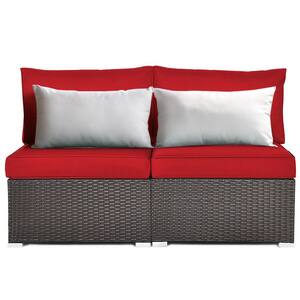 2-Piece Steel Frame Wicker Rattan Outdoor Armless Loveseat with Red Cushions and Pillows