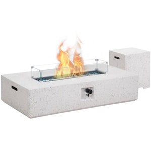 56 in. Outdoor Concrete Firepit Table with Gas Hose Lava Stones AA Battery and Cover in White
