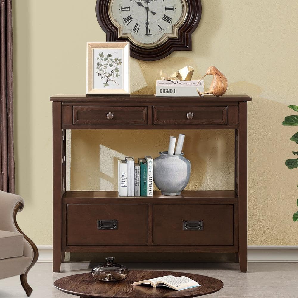 FUNKOL 36 in. Light Espresso Farmhouse Pine Solid Wood Console Table