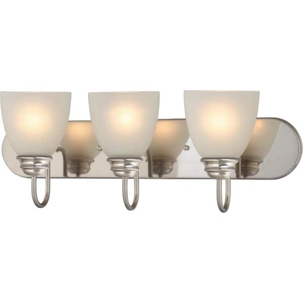 Volume Lighting Mari 3-Light Indoor Brushed Nickel Bath or Vanity Light Bar or Wall Mount with White Frosted Glass Bell Shades