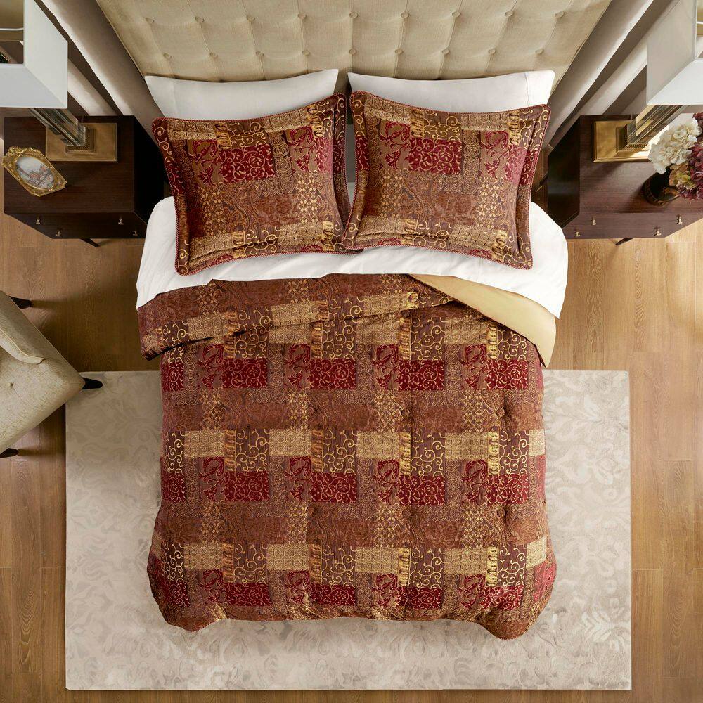 Queen Red Microfiber Patchwork Comforter Set with Shams and Bed Skirt