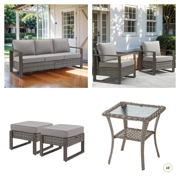 Gray Wicker 3-Seat Sofa, Lounge Chair, 2-Pack Ottoman and Square Side Table Combo