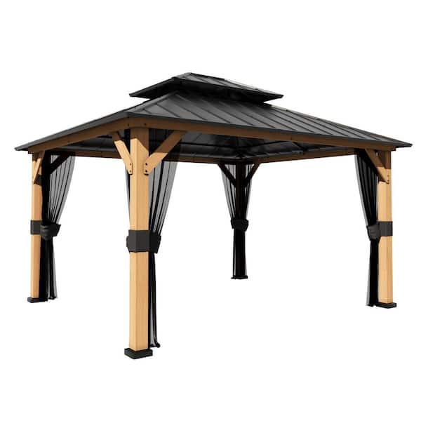 13 ft. x 11 ft. Wood Hardtop Patio Gazebo with Wood Frame, Double Galvanized Steel Roof and Netting