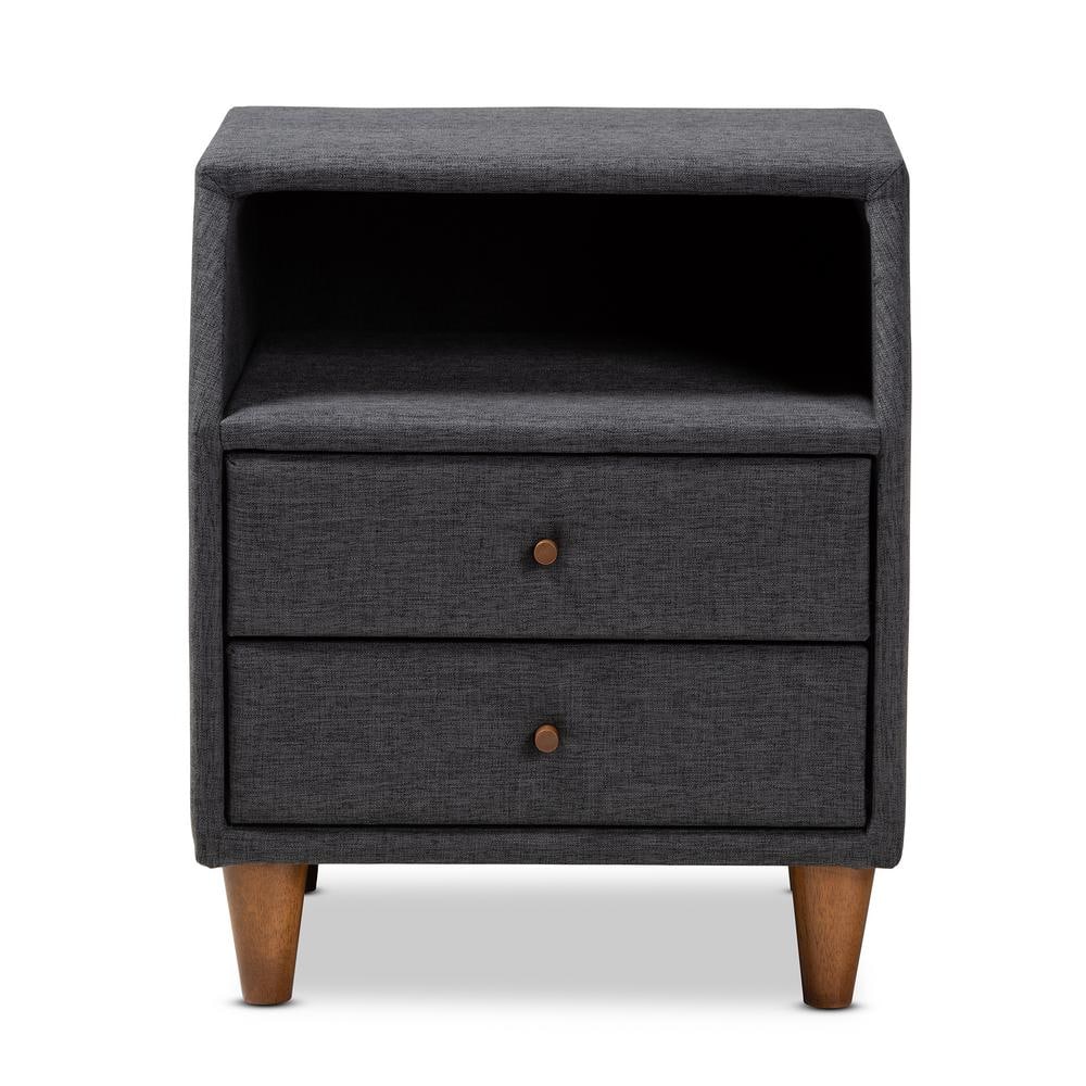 Claverie Charcoal Fabric 2-Drawer Mid-Century Modern Nightstand