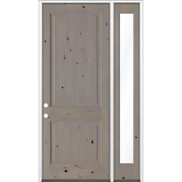 Krosswood Doors 56 in. x 96 in. KnottyAlder 2Panel Arch Right-Hand/Inswing Clear Glass weathered gray Stain Wood Prehung Front Door RFSL