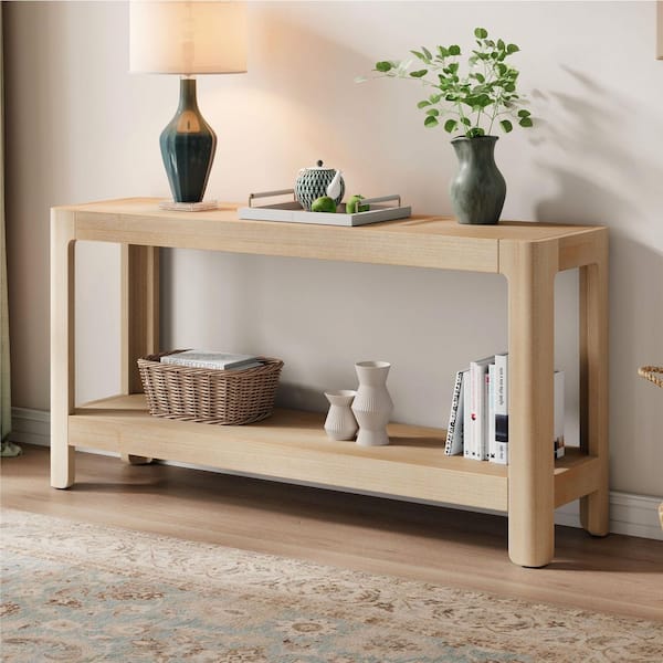 59 in. Natural Rectangle Wood Console Table with Premium Wood Veneer and Rounded Corners
