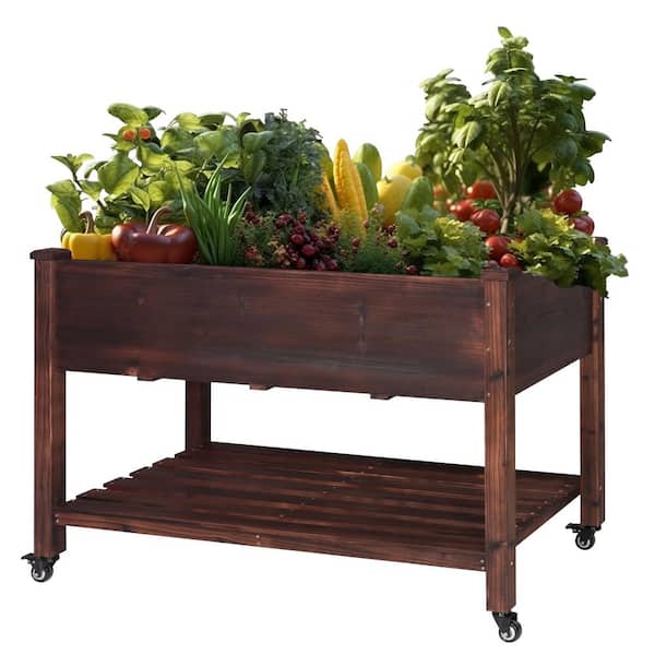 VEIKOUS 47 in. W x 22 in. D x 33 in. H Wood Raised Garden Bed with Lockable Wheels, Shelf and Liner, Carbonized