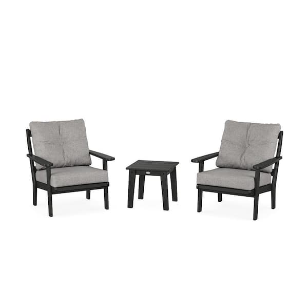 POLYWOOD Mission 3-Pcs Plastic Patio Conversation Set in Black/Grey Mist Cushions