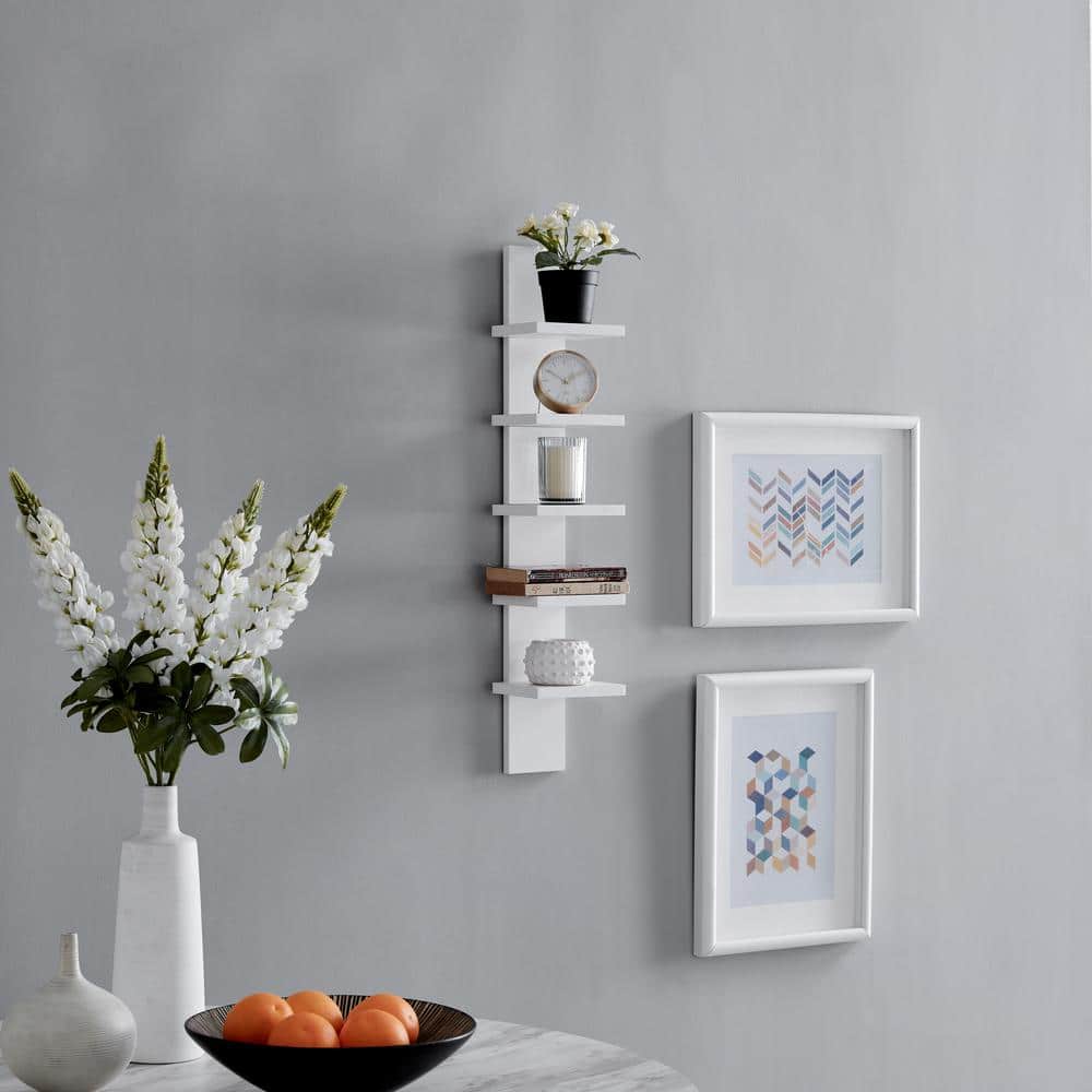 White 5-Tier Floating Wall Shelf for Living Room or Bedroom